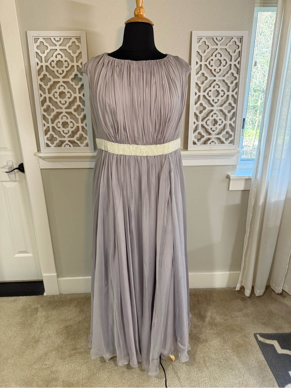 Elegant Lavender Gray Pleated Maxi Dress with Beaded Waist
